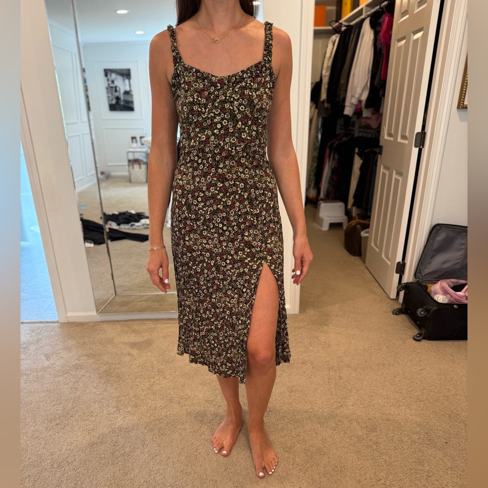 Zara Black Floral Midi Dress with Slit